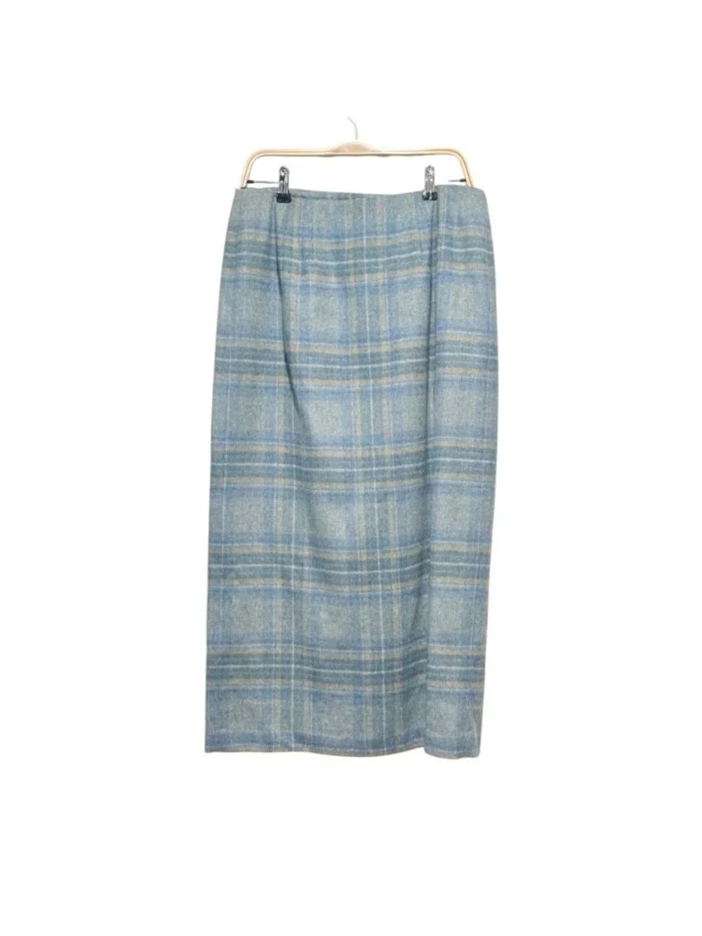 VTG 90s Talbots Sz 14 Blue Wool Plaid Fringe Heritage Pencil Wrap Midi Skirt